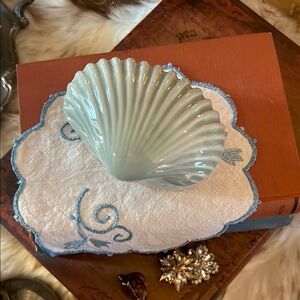 Vintage Celadon Green Shell-Shaped Ceramic Trinket Dish